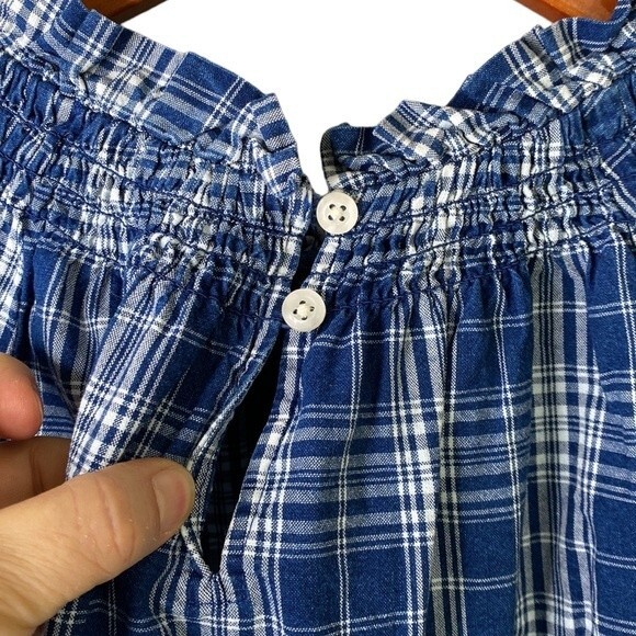 J Crew Plaid Smocked Ruffleneck Top Ansley Blue Wash Ballon 3/4 Sleeve High Neck - Picture 7 of 16